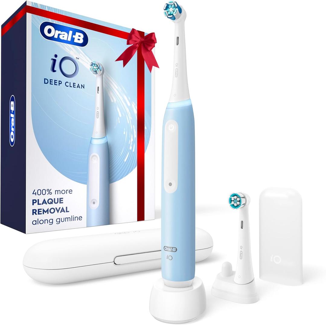 Oral-B iO Deep Clean Rechargeable Electric Powered Toothbrush, Icy Blue with iO Series 3 Limited, 2 Brush Heads and Travel Case - Pressure Sensor to Protect Gums - 3 Cleaning Settings - 2 Minute Timer (1 Count (Pack of 1))