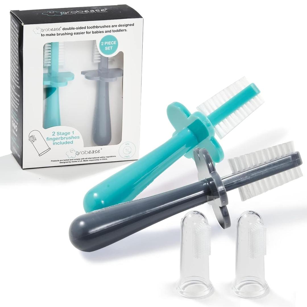 grabease Baby Toothbrush Double Sided - Training Finger Toothbrush for Toddler Infant, BPA-Free & Phthalate-Free for Baby & Toddler, 1 Pack, Teal and Gray