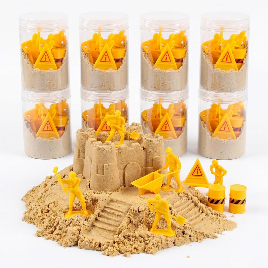 8 Set/ 24 Pcs Construction Party Favors Sensory Play Toy Kits Gift for Kids Boys Construction Birthday Party Supplies Magic Sensory Sand with 8 Pet Plastic Jar 8 Worker Figures