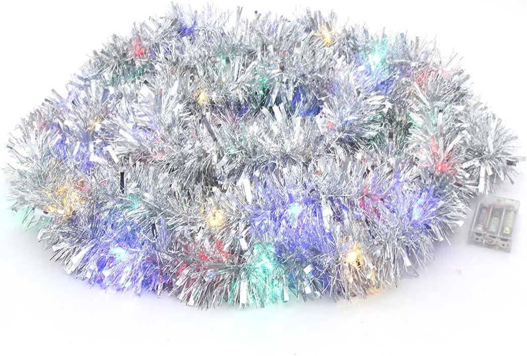 CCINEE Christmas Prelit Tinsel Garland, 33 Ft Silver Hanging Garland with 100 Multicolored Battery Operated LED String Lights for Christmas Tree Decorations Wedding Party Supplies