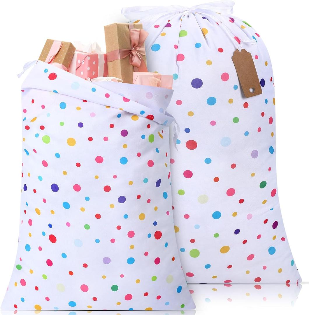 Pickmesh 2 Pcs Happy Birthday Drawstring Gift Bags 20 x 28 Inch Extra Large Baby Shower Bags Reusable Fabric Colorful Wrapping Pouches for Gender Reveal Supply Decor(Pastel, Polka Dots) (1 count (Pack of 2))