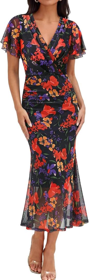 Gaharu Women's Summer Floral Bodycon Wedding Guest Cocktail Maxi Dress (M)