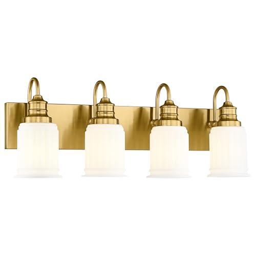 Bathroom Light Fixtures 4-Lights, HWH Brushed Gold Vanity Light Modern Bathroom Vanity Lights Over Mirror, 26'' Antique Brass Vanity Light with Frosted White Bell-Shaped Fluted Glass, 5HZG106B-4W BG