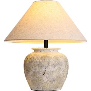 Farmhouse Table Lamp White Ceramic Lamps Rustic Clay Pot with Fabric Shade Decor for Living Room Bedroom House Bedside Nightstand Home Office
