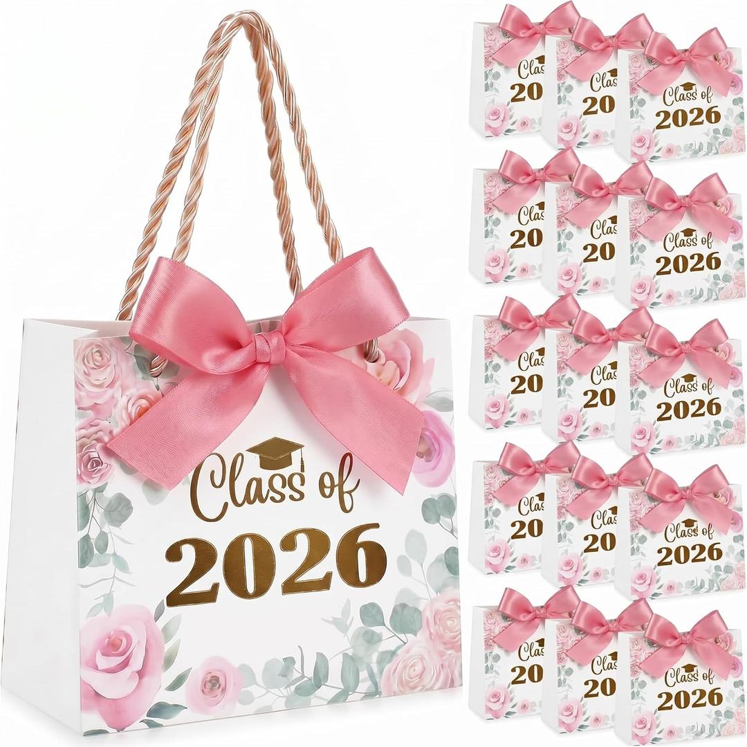 Yexiya 40 Pack Graduation Gift Bags Bulk Class of 2026 Pink Floral Graduation Party Bags 5.5" Congrats Grad Treat Bag for Gifts with Handles and Bow Ribbon Grad Paper Treat Gifts for Party