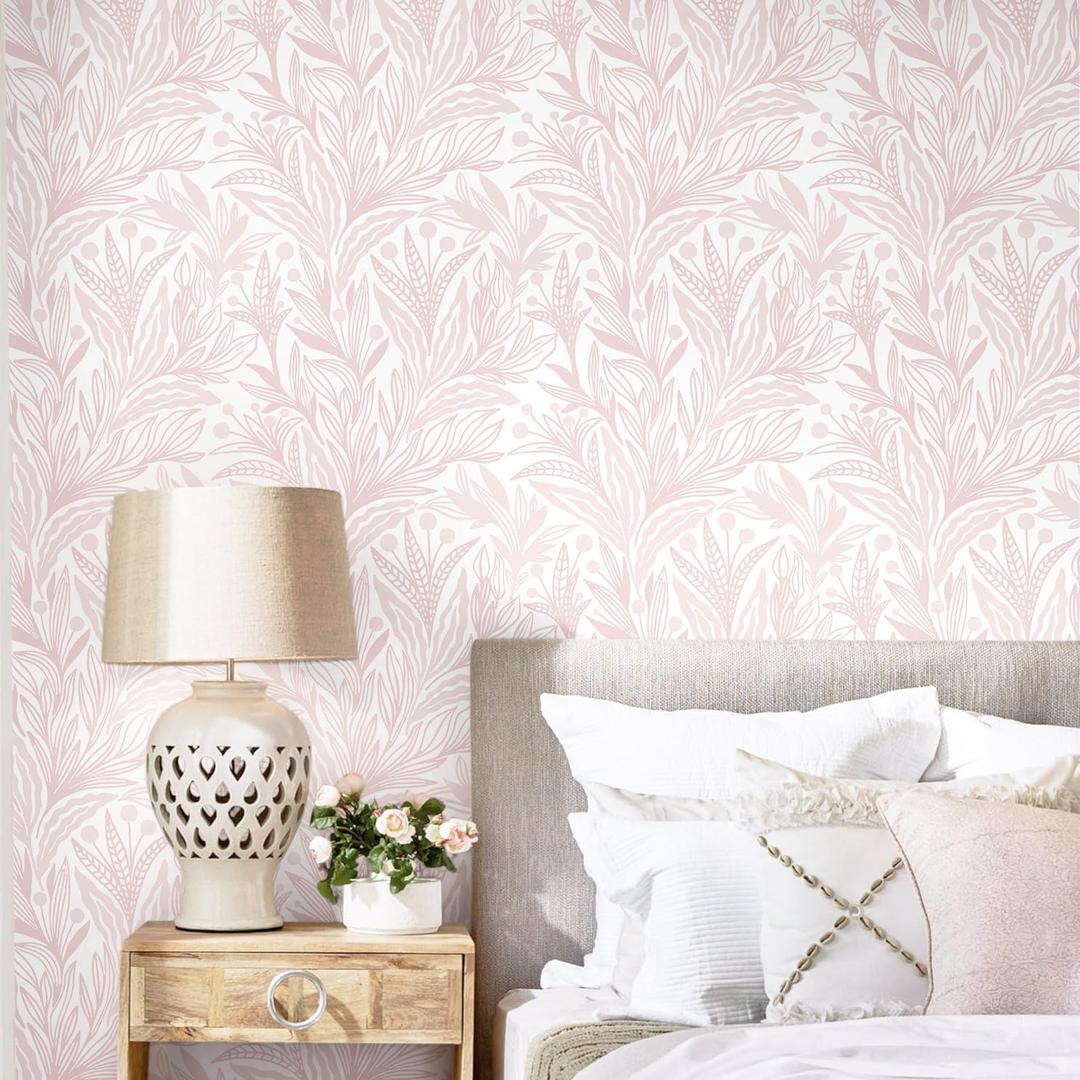 Dimoon Pink Peel and Stick Wallpaper Boho Pink White Contact Paper 17.3" X 197" Floral Leaf Textured Wallpaper Renter Friendly Removable Self Adhesive Wall Paper for Bathroom Bedroom Cabinets Vinyl