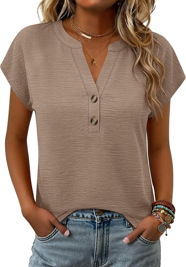 ANRABESS Women's Tops Puff Short Sleeve Henley Shirt Dressy Casual Blouses Summer Sweater 2026 Spring Business Cute Tunics Khaki, Small