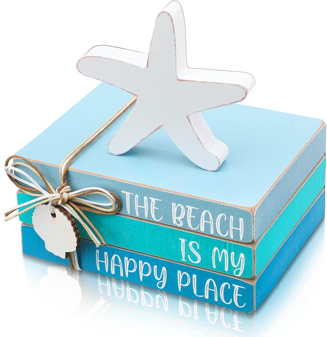 Pinkunn 4 Pcs Summer Table Decorations Beach Starfish Seashell Tiered Tray Wooden Block Sign Stacked Book Nautical Decorative Signs & Plaques for Tabletop Shelf Mantel Living Room Office Desk