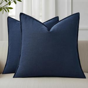 decorUhome Patriotic Summer Decorative Linen Euro Sham Throw Pillow Covers 24x24 Inch Set of 2 Navy Blue Coastal Pillow Covers with Flange Edges Soft Farmhouse Boho Accent Pillow Cases for Couch Bed