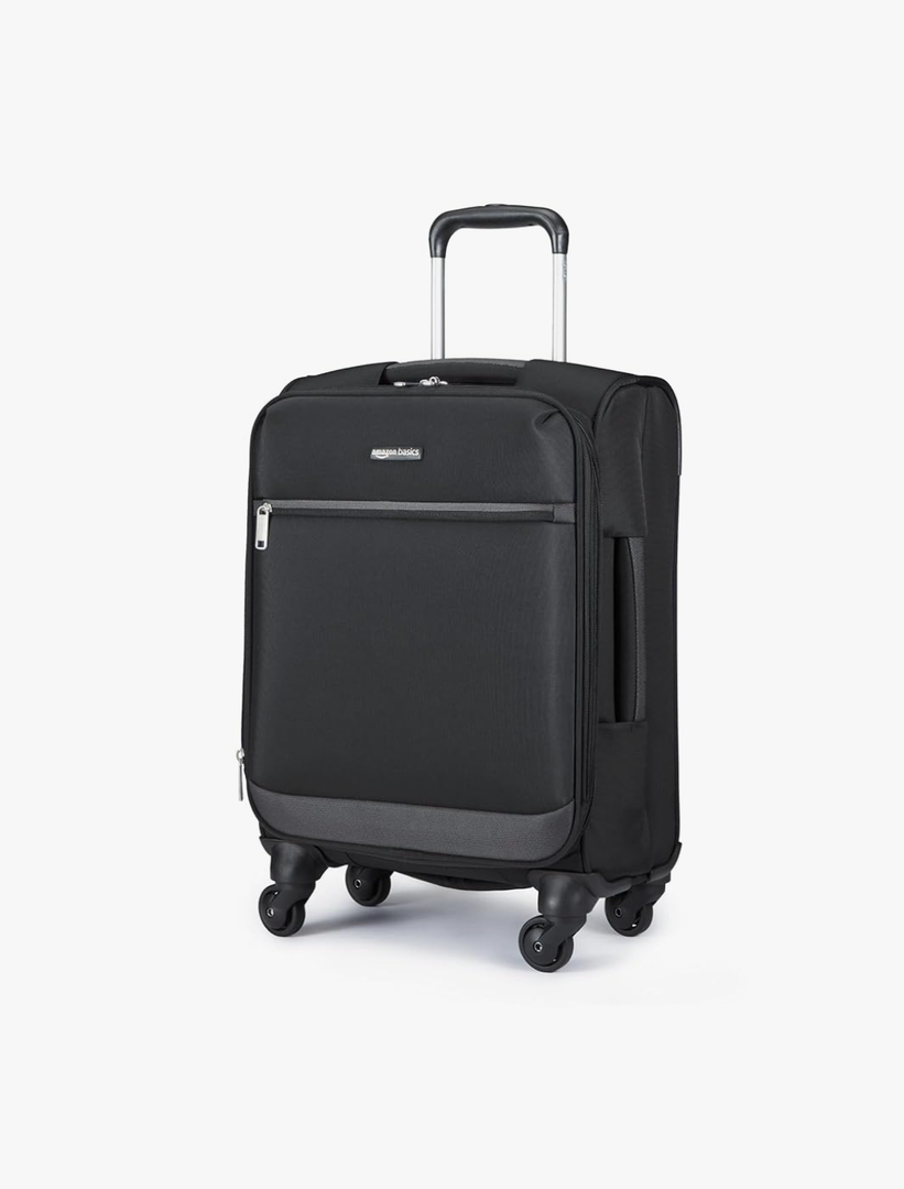 Amazon Basics Luggage, 18" Medium Carry-On Softside Suitcase With Wheels, With Four 360-Degree Multi-directional Spinner Wheels, Expandable Space, Zippered Pocket and Straps, Telescopic Handle, Black