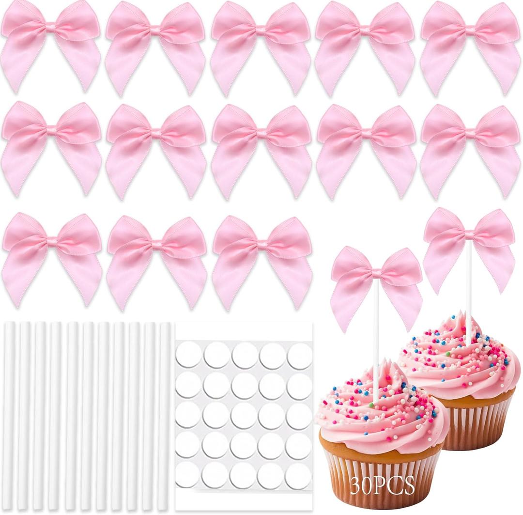 30 Pcs Pink Bow Cupcake Toppers Bow Cake Topper Birthday Decorations Bowknot Cupcake Picks for Coquette Theme Party Decoration Bachelorette Bridal Engagement Wedding Baby Shower Party Decor