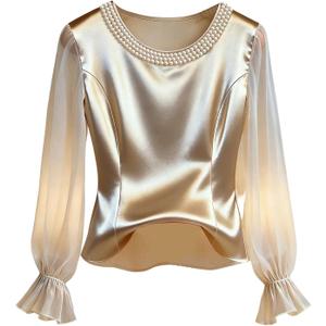GORGLITTER Women's Pearl Satin Top Silk Chiffon Flounce Long Sleeve Dressy Business Casual Blouse Office Work Shirts Champagne Small
