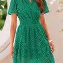 PRETTYGARDEN Womens 2026 Summer Short Dress V Neck Short Sleeve A Line Hollow Out Lace Ruffle Cute Casual Beach Party Dresses (Green, L)