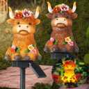 Rossesay 2 Pack Highland Cow Solar Lights Outdoor Garden Gnome Statues Resin Lamp Decor Waterproof Stake Lights Highland Cow Gifts for Yard Patio Lawn Decor