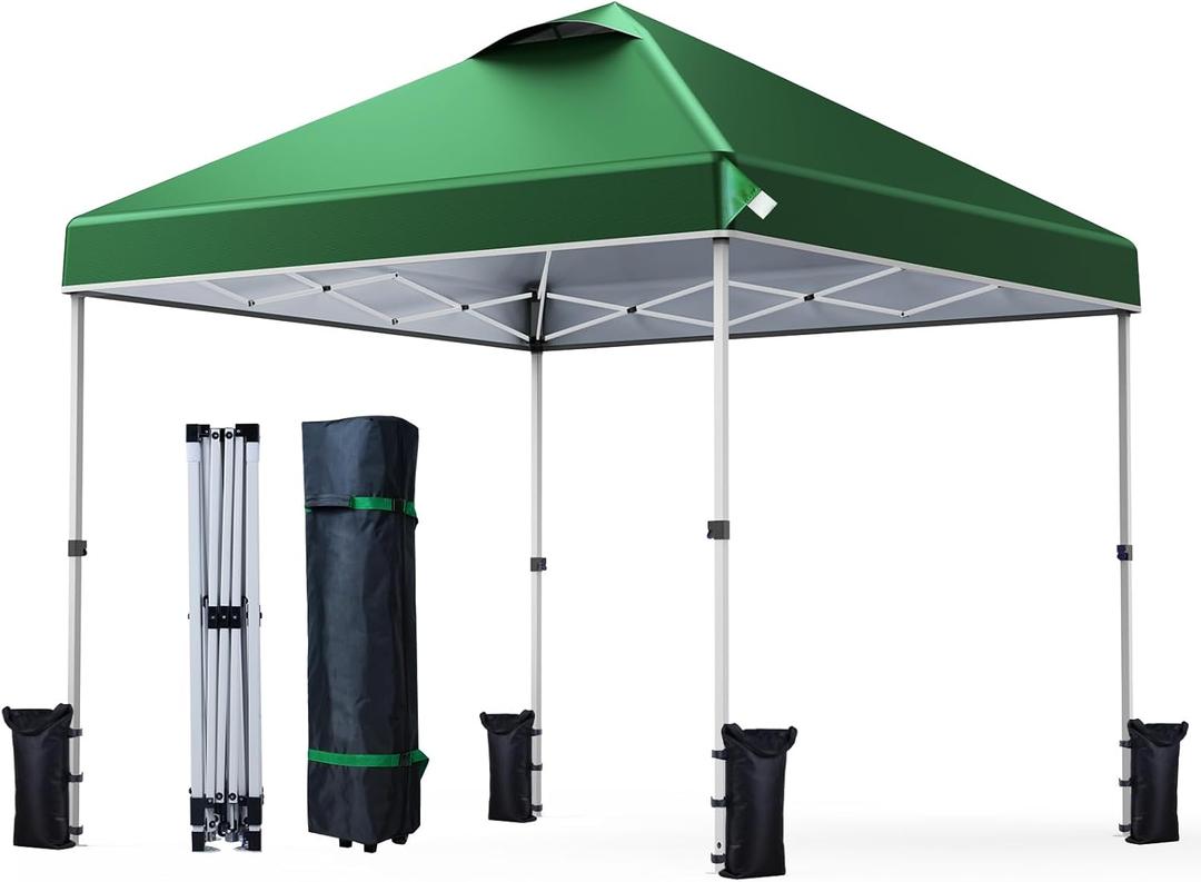 Nazhura 10' x 10' Pop Up Canopy Tent with Sand Weight Bag, Awing for Patio, Freestanding Sun Shelter for Picnic and Camping, One Person Setup, White (Green)