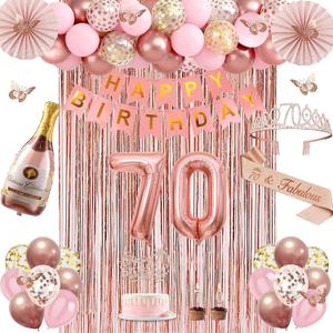 70th Birthday Decorations for Women, Rose Gold 70th Birthday Decorations, 70 Sash and Crown, Banner, Fringe Curtains, Hanging Paper Fans, 70 Year Old Party Supplies Set