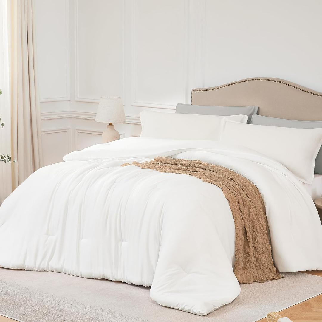 Queen Comforter Sets White,3PCS Soft Lightweight Breathable Bedding Comforter Sets for All Season, Queen Size(90''90'' Comforter & 2 Pillowcases)