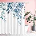 Tititex Blue Eucalyptus Leaves Shower Curtain Sets, Watercolor Leaves on The Top Plant with Floral Bathroom Decoration 72x84 Inch with Hooks