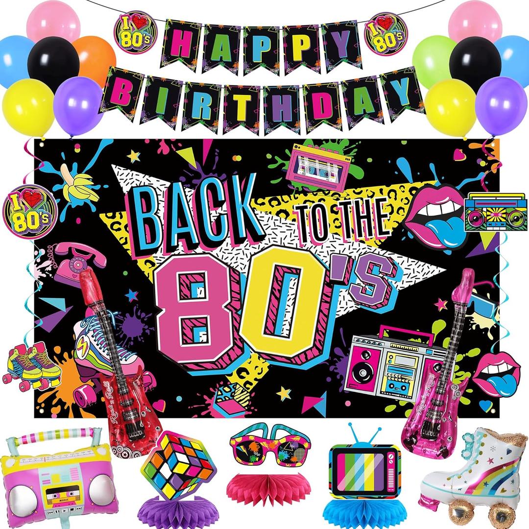 Holkcog 80s Party Decorations, 80s Theme Birthday Party Decorations Supplies, 1980s Party Supply With Back To The 80's Banner Backdrop , Radio and Rock Guitar Ballons, 90s Theme Birthday Decor women