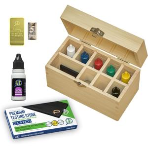 Gold Silver Platinum Jewelry Testing Kit 6 JSP Solutions 10K 14K 18K 22K 24K Silver, Platinum Large Test Stone Neutralizer & Bamboo Box Precious Metal Test Bars