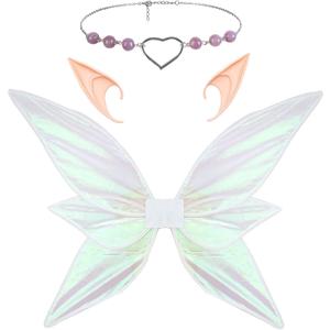 Women Girls Berry Rattans Crown Butterfly Wings with Elf Ears Dress Up Halloween Cosplay Photo Prop Accessories (Sliver Pink Transparent)