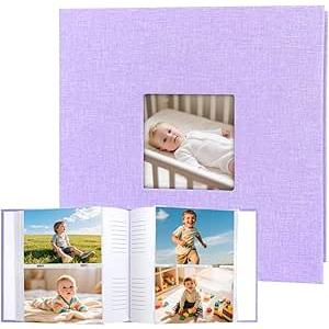 4x6 Photo Album Holds 240 Photos with Writing Space, Linen Cover Picture Book with Front Window for Family Wedding Baby Travel & Graduation Memories, Purple
