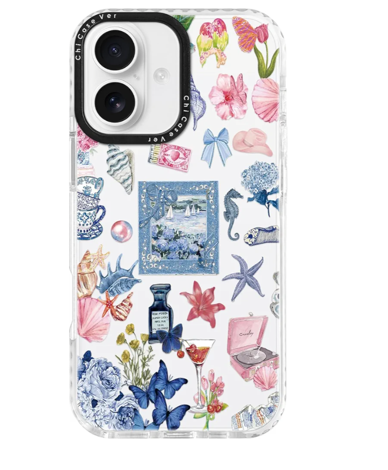 for iPhone 16 Case, Vintage Coastal Collage Pattern with Shells & Teacups, Military-Grade Drop Protection, Glossy Elegant Soft Slim TPU Protective & Camera Protection for Girls