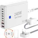 240W Fast Charging Blocks, 8-Port Charging Station for iPhone/Ipad/MacBook, 6C2A PD GaN Charger Box, USB Tower Hub 5ft Braided Power Cord with On/Off Switch, Flat Plug, Travel Essentials