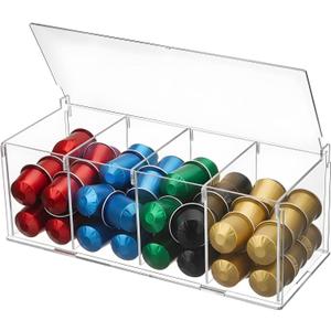 Acrylic Coffee Pod Holder with Lid for 24 Kcup, Clear Coffee Capsule Storage Organizer,4 Compartments Coffee Bar Station Organizer Compatible with Pod,