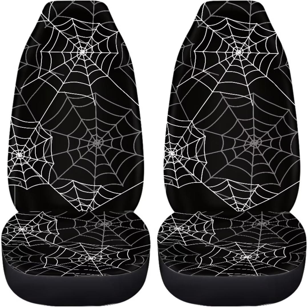 Black Spider Web Car Seat Covers for Front Seats,Halloween Decor for Cars Universal Fit Automotive Seat Cushion Protector Accessory