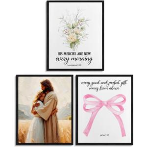 Christian Wall Art Decor, Bible Verses Wall Art Jesus Pictures, Coquette Room Decor Aesthetic, Inspirational Religious Prints Poster for Girly Dorm Bedroom, 8x10 Inches Set of 3 Unframed