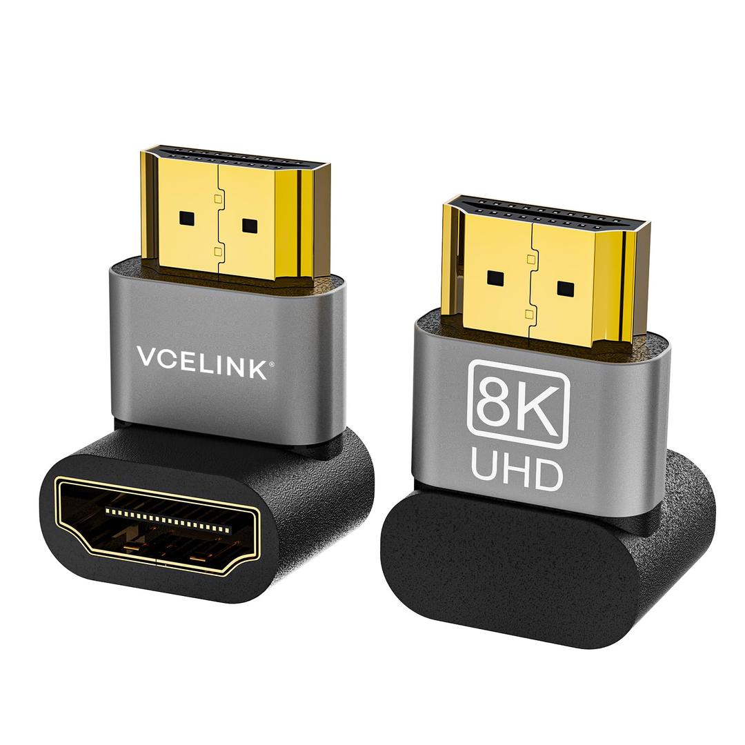 VCELINK 8K@60Hz HDMI Right Angle Adapter, 90 & 270 Degree HDMI Male to Female, HDMI 2.1 Cable Adapter with 4K@120Hz, HDR, eARC for HDTV, Laptop, PS4, PS5, Xbox - 2-Pack