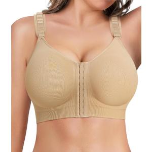 LANCS Wireless Front Closure Bras for Women Compression Mastectomy Bras Surgical Supportive Bra with Adjustable Straps (XX-Large, Beige)