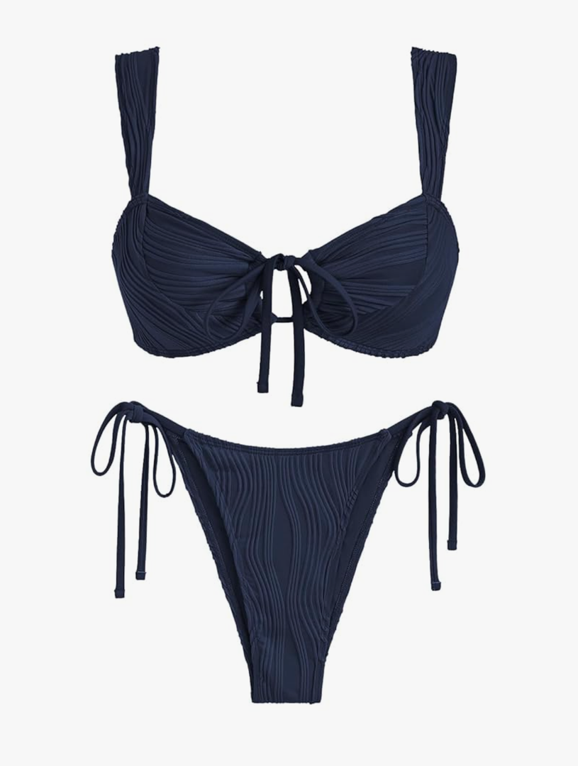 ZAFUL Women's Cinched Bikini Solid Color Wave Textured Knotted Tied Side Two Piece Swimsuit Bathing Suits M