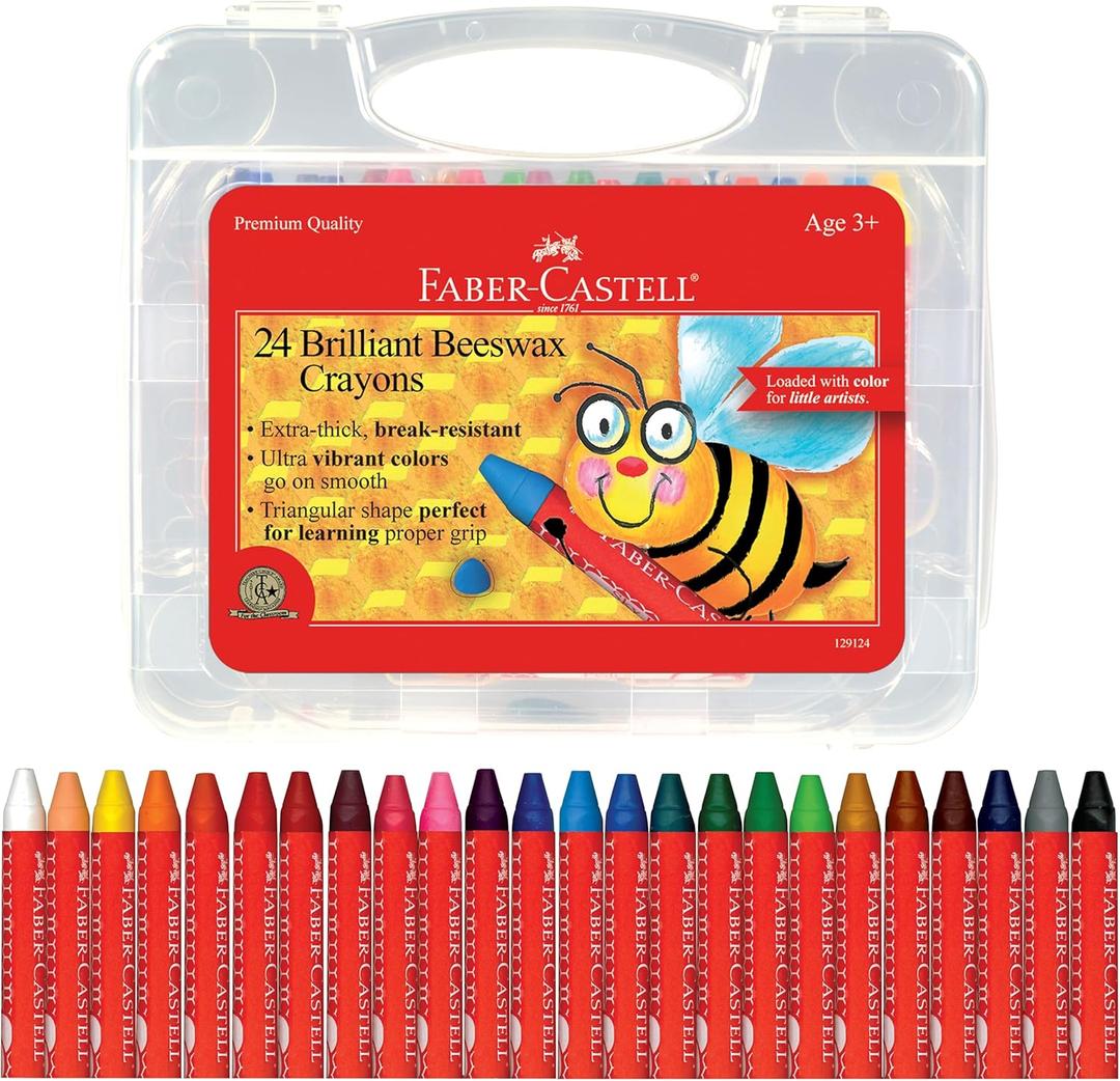 Faber-Castell Beeswax Crayons in Durable Storage Case: Non-Toxic Jumbo Triangle Crayons for Toddlers, Travel-Friendly Toddler Art Supplies for Kids (Ages 3+) (24 Count)