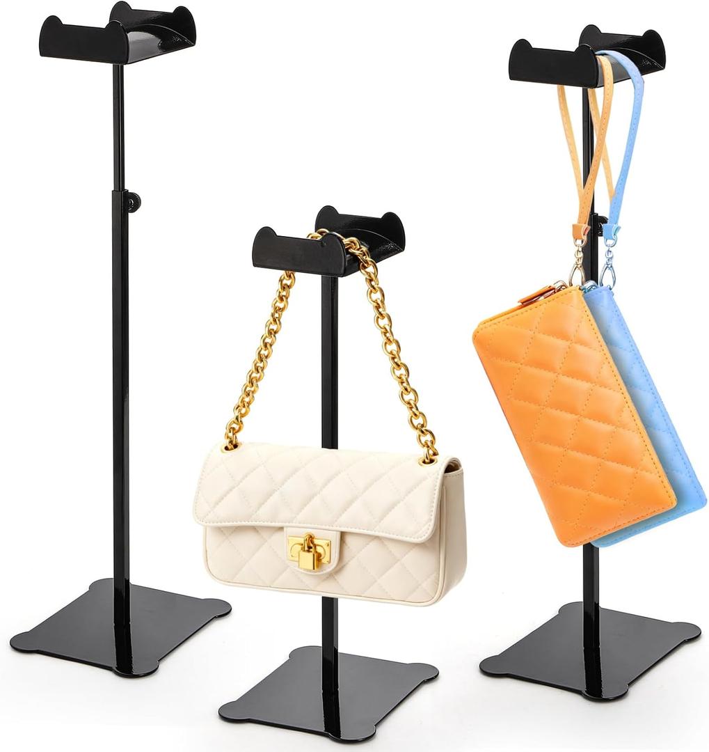 Hacaroa 3 Pack Purse Holder Handbag Display Stand, Metal Bag Organizer Wreath Stand Height Adjustable, Jewelry Display Rack for Tabletop, Closet, Boutique Store, Black