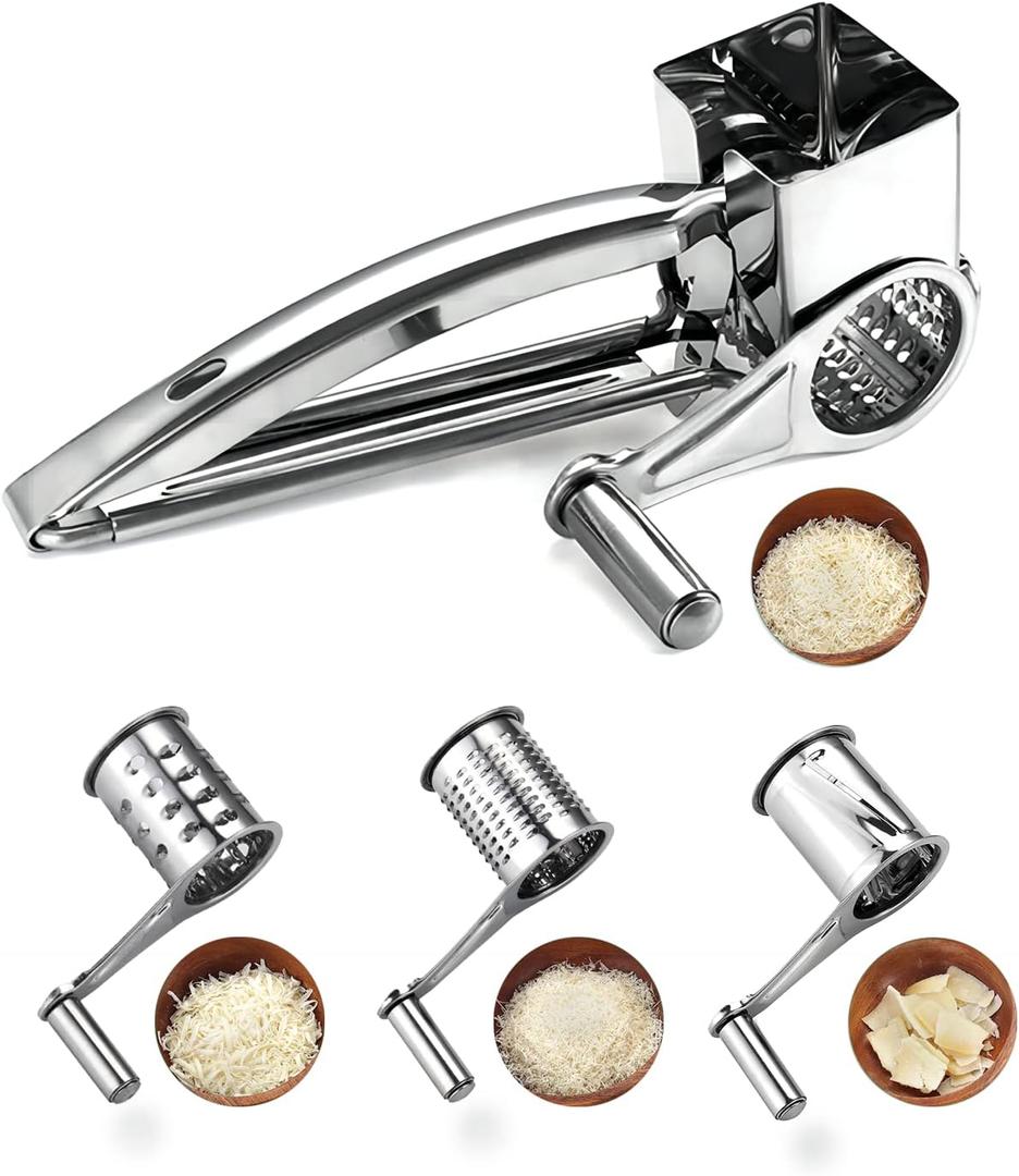 Rotary Cheese Grater Stainless Steel Manual Handheld Cheese Grater, Handheld Manual Grater Shredder with 4 Stainless Steel Drum Blades