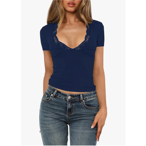 Women's Short Sleeve Sexy Lace V-Neck Summer Going Out 2025 Crop Tops Slim Fit Tees Trendy Y2k Clothing XS