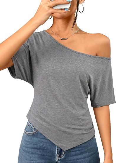 LilyCoco Womens Off The Shoulder Tops Asymmetrical T Shirts Grey X-Large