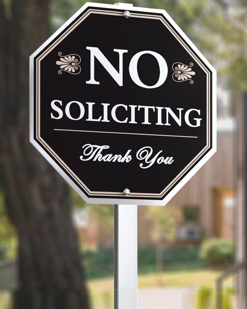 No Soliciting Sign For House - 10"x10" Aluminum Heavy Duty Weather Resistant With 28" high Stake, Contains Self-Adhesive No Soliciting Signs For Home Black