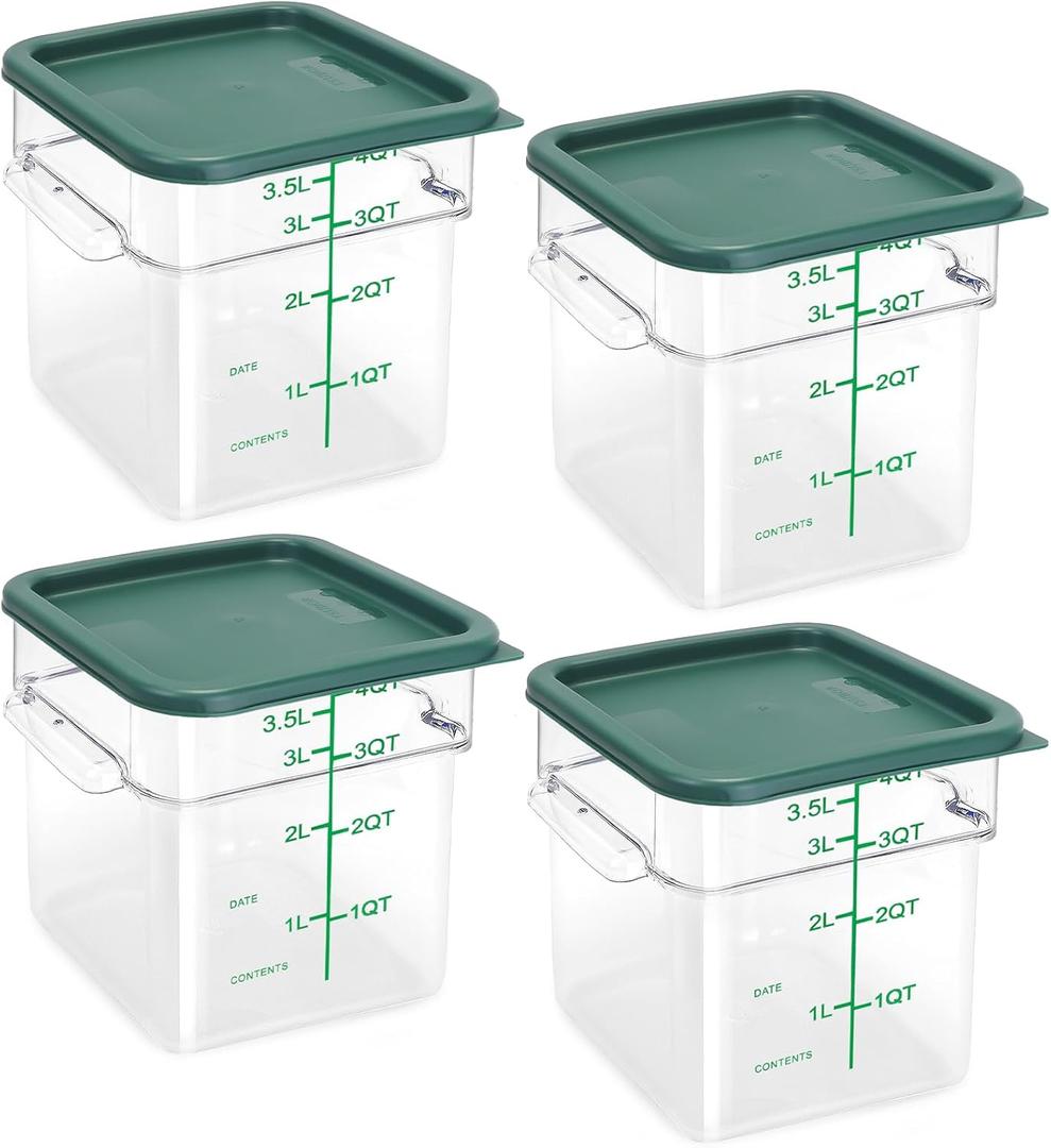 4 Pack Food Storage Containers with Green Lids, 4.0 Qt - Square, Clear, Polycarbonate, for Restaurant Commercial Kitchen and Home party