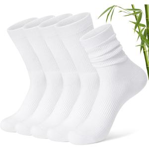 FITRELL Women's Soft Bamboo Rayon Dress Socks, Thin Breathable Calf Crew Scrunch Socks for Casual Trouser 5 Pairs (White, M)