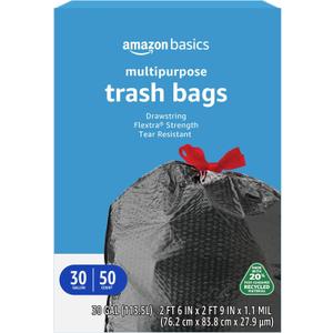 Amazon Basics 30 Gallon Flextra Strength Multipurpose Drawstring Trash Bags, 20% Post Consumer Recycled Material, Tear Resistant, Black, 50 Count