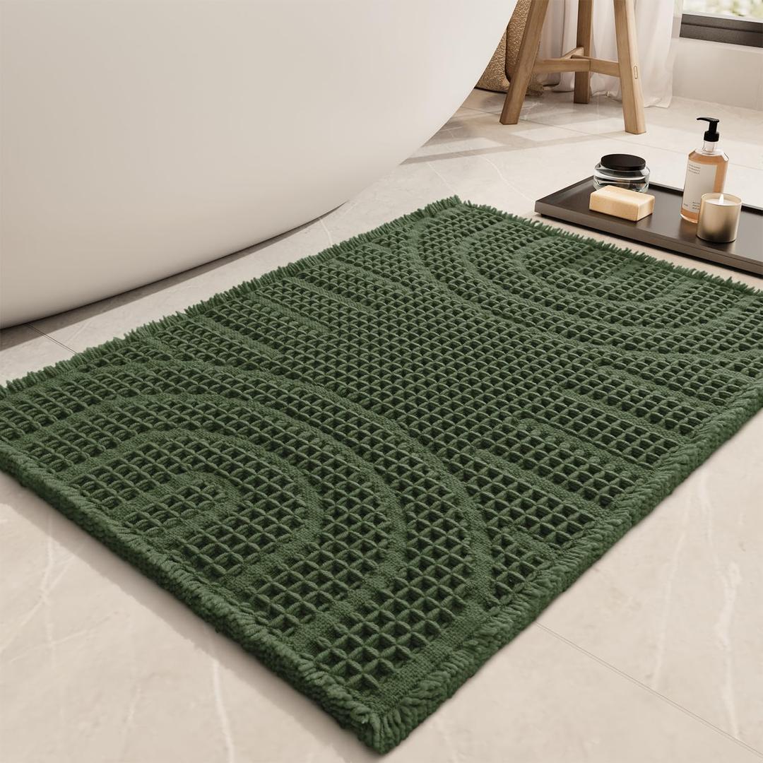 AMOAMI Waffle Bath Mat Super Absorbent Bath Mats for Bathroom Non Silp Machine Washable Bathroom Mat Soft Bath Rugs with Tassels Front of Bathtub, Sink, Green 20"x32"