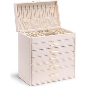 Vlando Jewelry Box Organizer,Large Jewelry Storage for 5 Drawn,PU Leather Jewelry Boxes for Women,Earring Necklace Rings Watch Display Boxes,Wedding Birthday Gift Apricot White