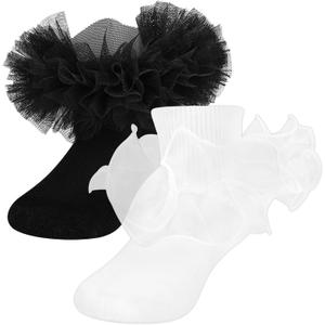 SAOROPEB Toddler Ruffle Socks, 3 Styles5 Size, Frilly Dress Socks for Girls Princess Lace Ruffles Socks Set (6-8 Years, White-black)