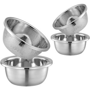 4-Piece Stainless Steel Mixing Bowls and Microporous Colanders Set, 3QT & 5QT Nesting Bowls with Fine Drain Strainers for Washing Rice, Fruits, Vegetables, Pasta, and More