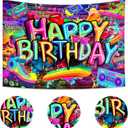Graffiti Backdrop 7Wx5H Feet Neon Happy Birthday Glow in The Dark Brick Wall Colorful Painting Splatter Polyester Fabric Cool Photography Backgrounds Photo Shoot Decor Props Decoration