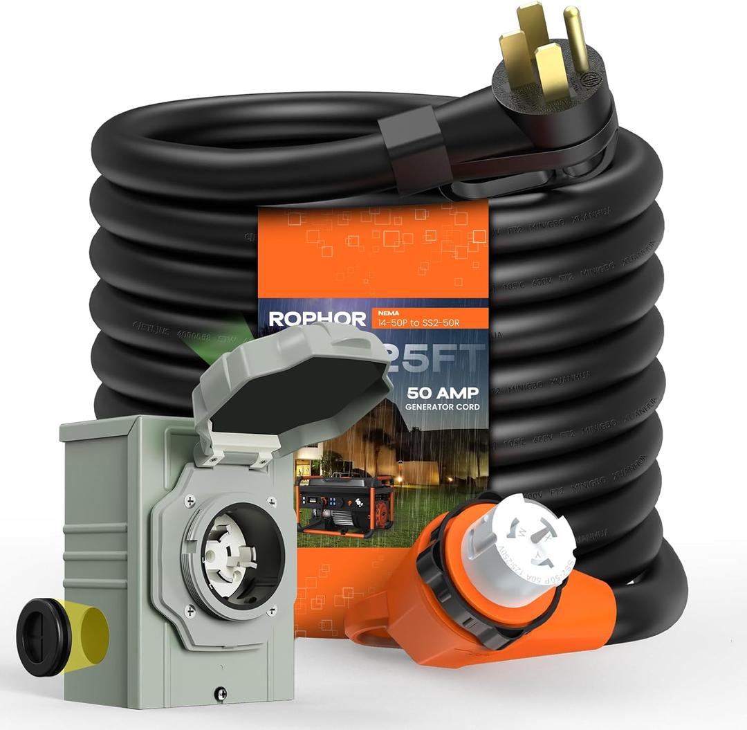 50 Amp Generator Cord and Pre-Drilled Power Inlet Box, 25FT Heavy Duty NEMA 14-50P to SS2-50R Extension Cord Twist Locking with Inlet Box, 125/250V, 12500W, ETL Listed for Outdoor Emergency Kit, Black