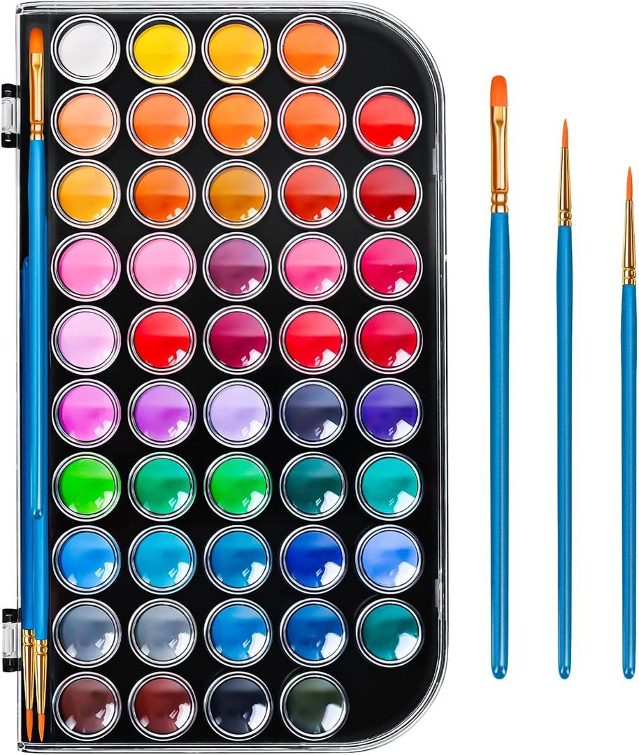 48 Color Solid Watercolor Paint Set with 3 Wooden Brushes - Non-Toxic, Vibrant & Washable Watercolor Kit for Artists, Children, Beginners, Kids - Portable Watercolor Painting Set for Travel & Studio